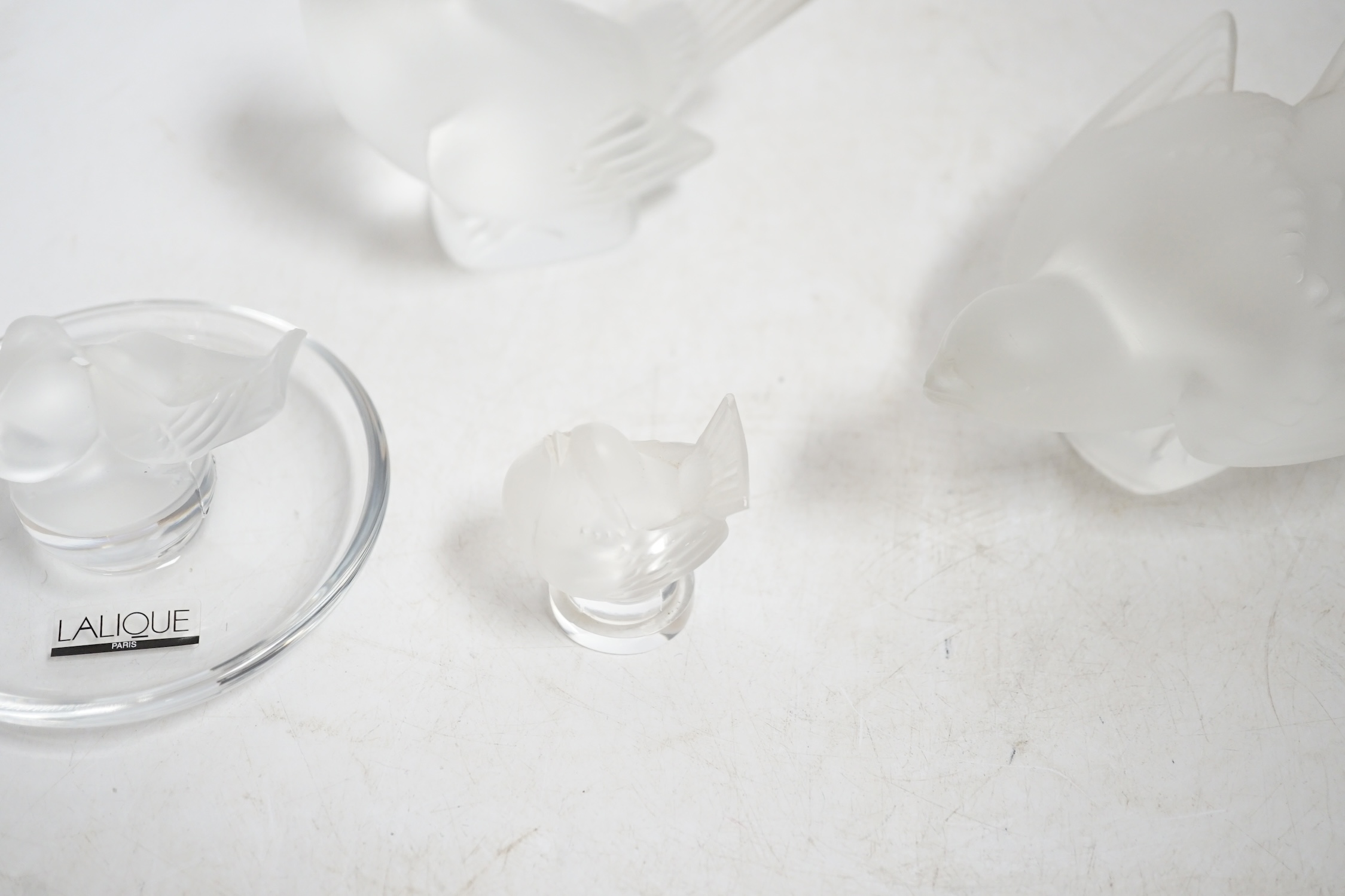 Three modern Lalique glass birds and a similar Lalique dish, each signed, largest 13.5cm wide. Condition - good